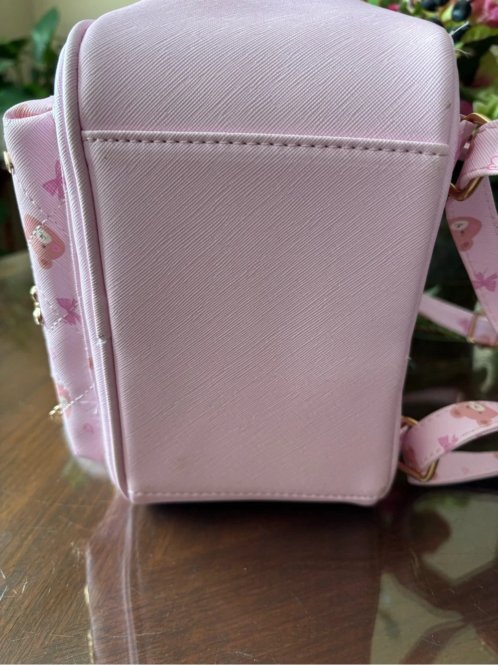 Under One Sky Light Pink Mini Backpack with Faux Fur Pom Pom and Gold Accents